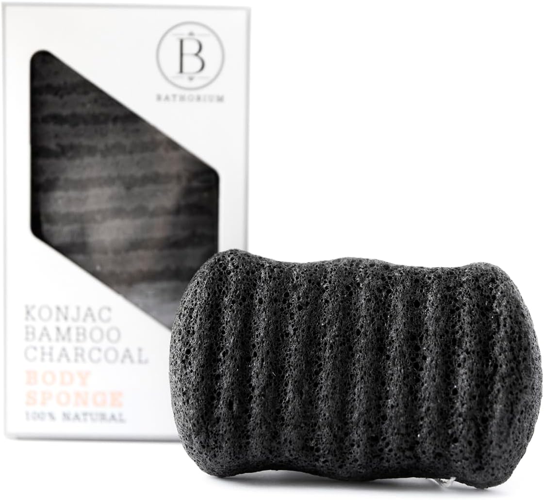 Konjac Bamboo Charcoal Body Sponge – Natural Exfoliating & Cleansing Sponge, 100% Plant-Based, Ideal for Sensitive Skin & Daily Use, 1 Sponge
