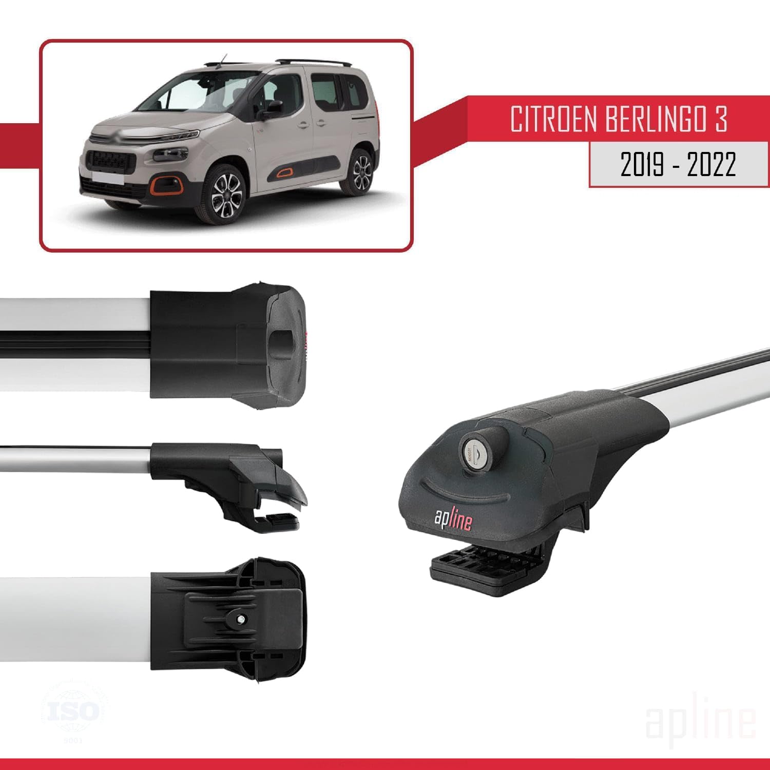 Compatible con Citroen Berlingo 3 (K9) 2019-2022 Modelo Ace-1 Barra de Techo Auto Portaequipajes Barras Transversales Gris Aluminio 2 Barras