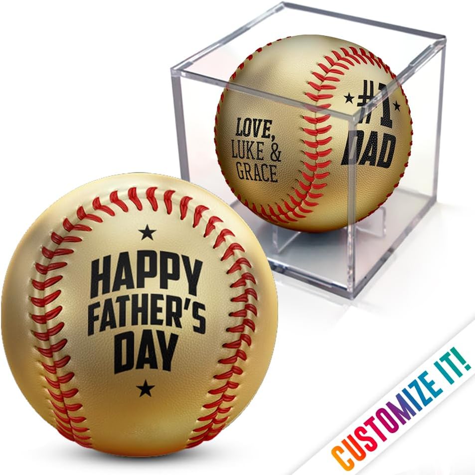 Father's Day Baseball with Display Cube! | Choose from Custom with Pictures or Non-Custom | Best Personalized Photo Baseball | World’s Best, 1 Dad, Husband, Grandpa or First