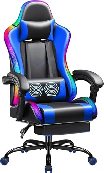 Shahoo Gaming Chair, Racing Style RGB LED Lights Gaming Chairs with Footrest and Massage Lumbar Support, High Back Video Game Chair Height Adjustable Computer Chair for Adults and Kids Black/Blue