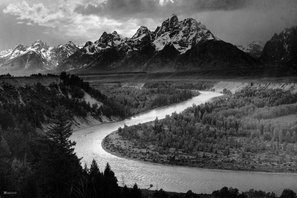 Ansel Adams Poster Snake River Grand Tetons National Park Wyoming Black and White Photography Nature Landscape Photo Cool Wall Art Print Poster 36x24