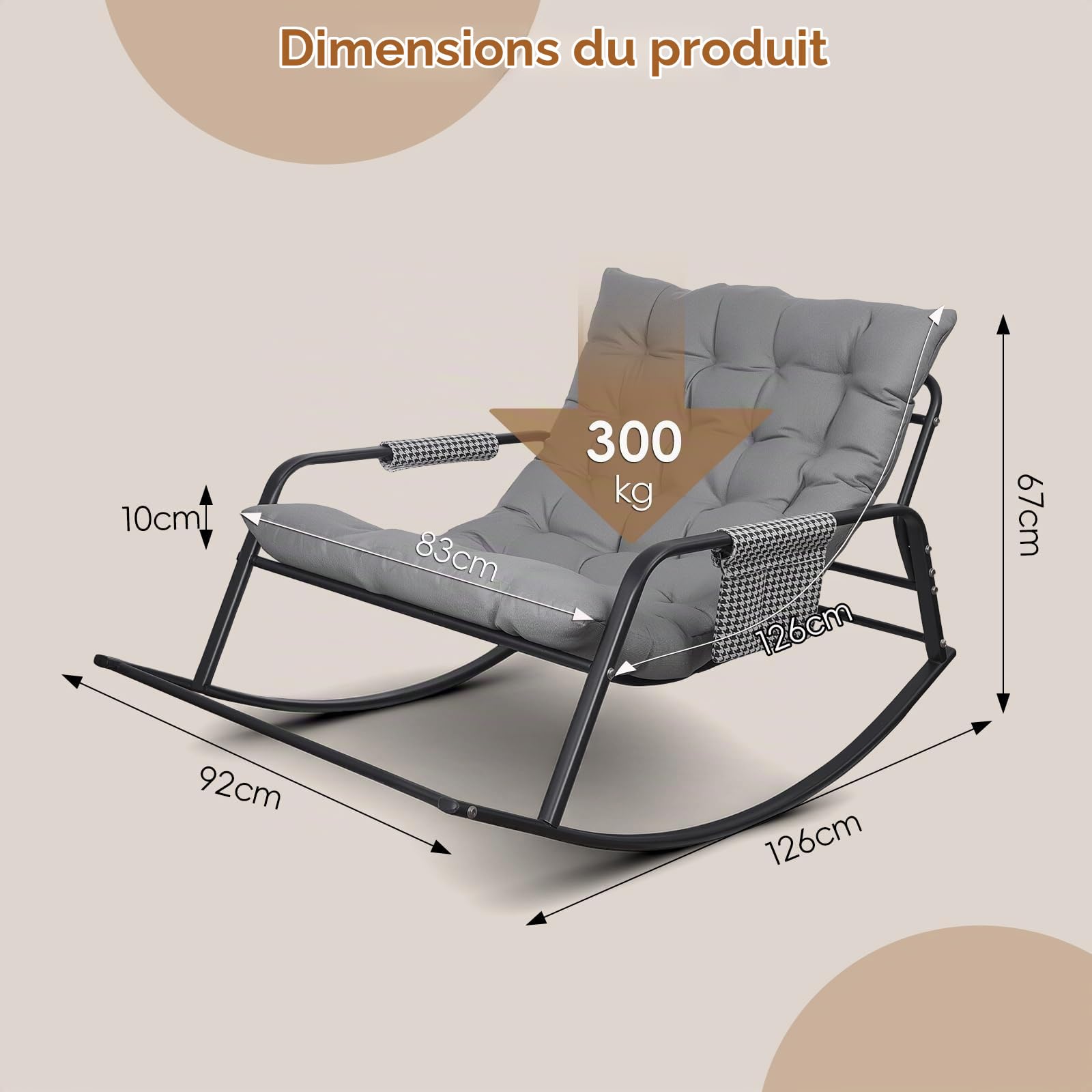 Fauteuil a Bascule d'Intérieur et d'Extérieur, Charge 150kg Chaise a Bascule Surdimensionnée, Rocking Chair Coussin Confortable Utilisation Intérieur/Extérieur pour Salon, Jardin (Gris)