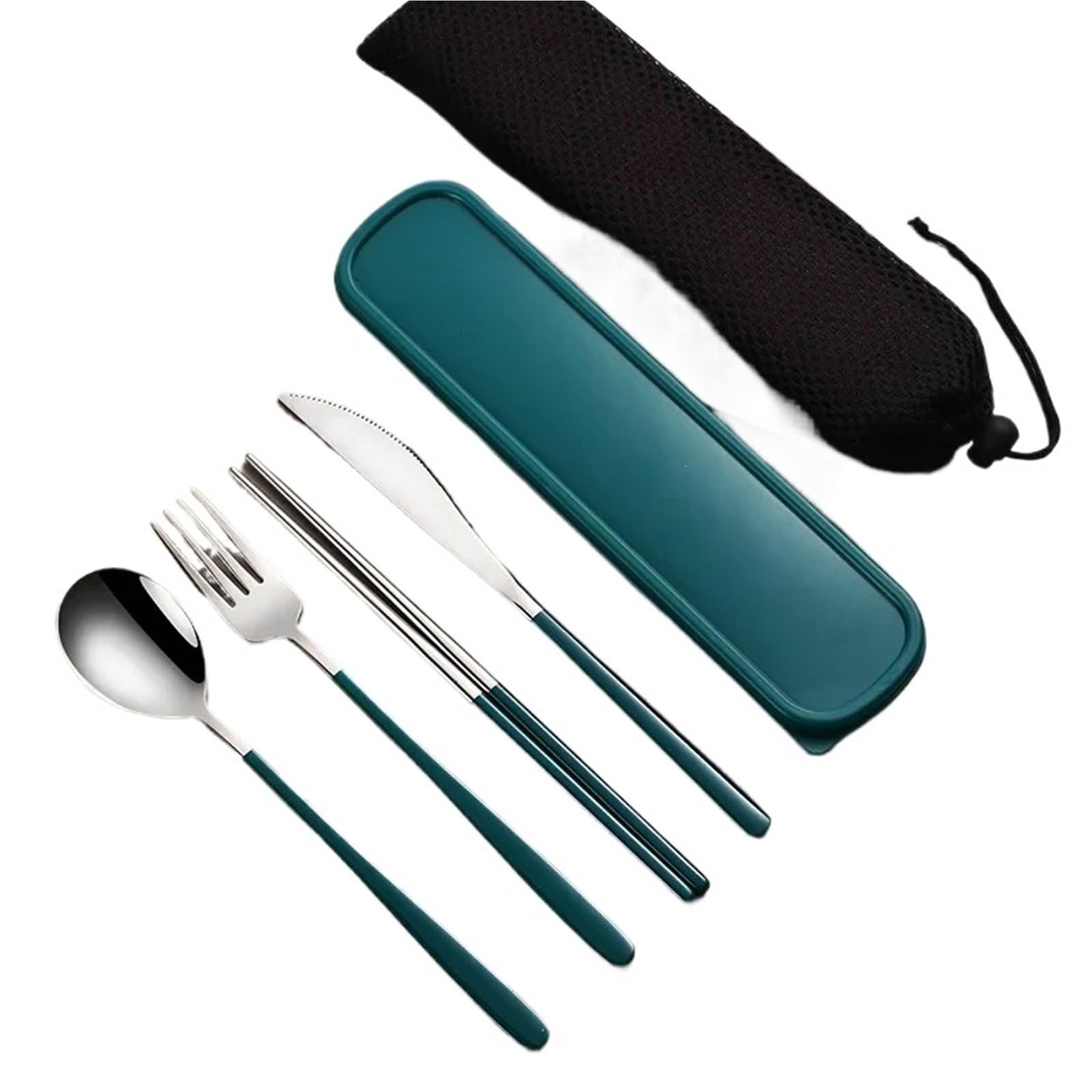 Juego de Cubiertos Juego de vajilla acero inoxidable, cubiertos portátiles, cuchillo, tenedor, cuchara, palillos(Silver-darkgreen)
