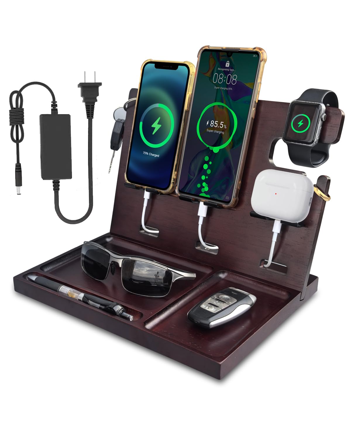 Wood Phone Docking Station with 4 USB PD & QC3.0 Fast Charger,Nightstand Organizer for Men, Dual Phone Charging Station for iPhone Samsung Google
