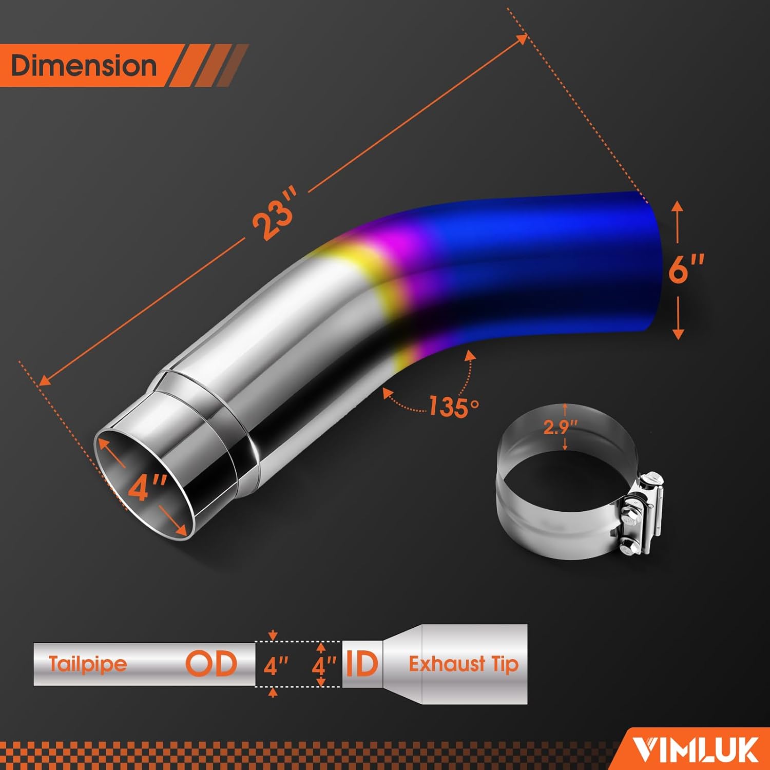 4" to 6" Blue Flame Diesel Exhaust Elbow Tip, 23" Long Turndown Tip with Clamp, Heat Treated Chromed Steel, for Trucks & Heavy-Duty Vehicles with 4" Outer Diameter Pipe(VK-TIP4"-6" BLUE CLAMP)