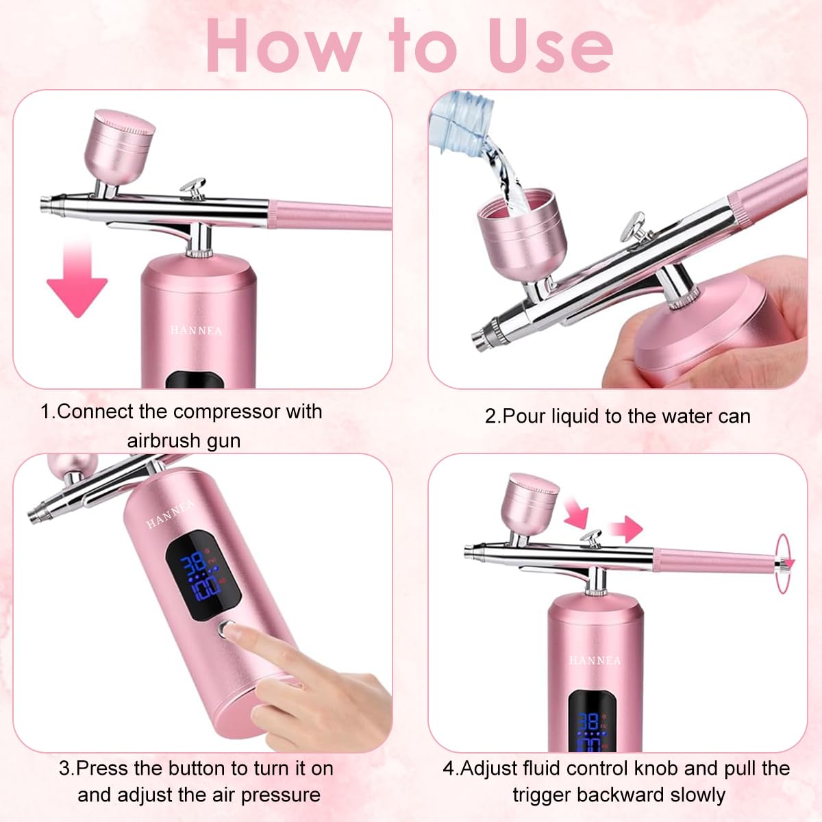 HANNEA® Cordless Airbrush Kit, Rechargeable LCD Airbrush Spray Gun with 3 Pressure Level, 0.3mm Nozzle, Portable Airbrush Compressor for Painting, Makeup, Nails, Model Craft, Pink 1