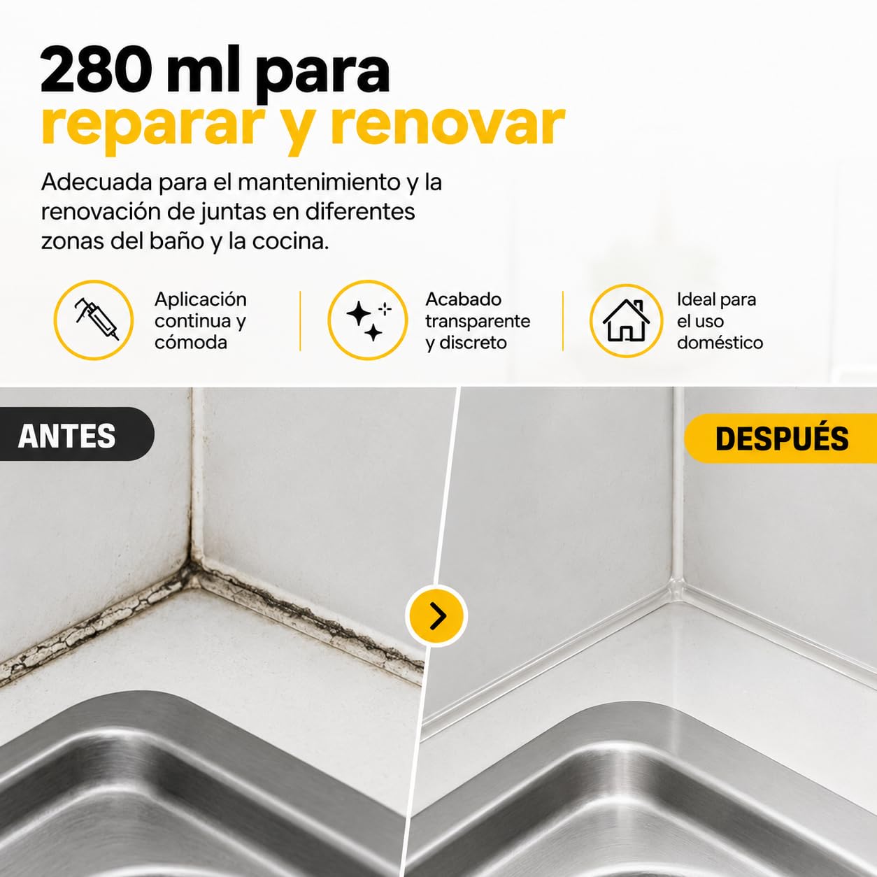 Silicona antimoho transparente 280 ml para baños y cocinas, pack de 12