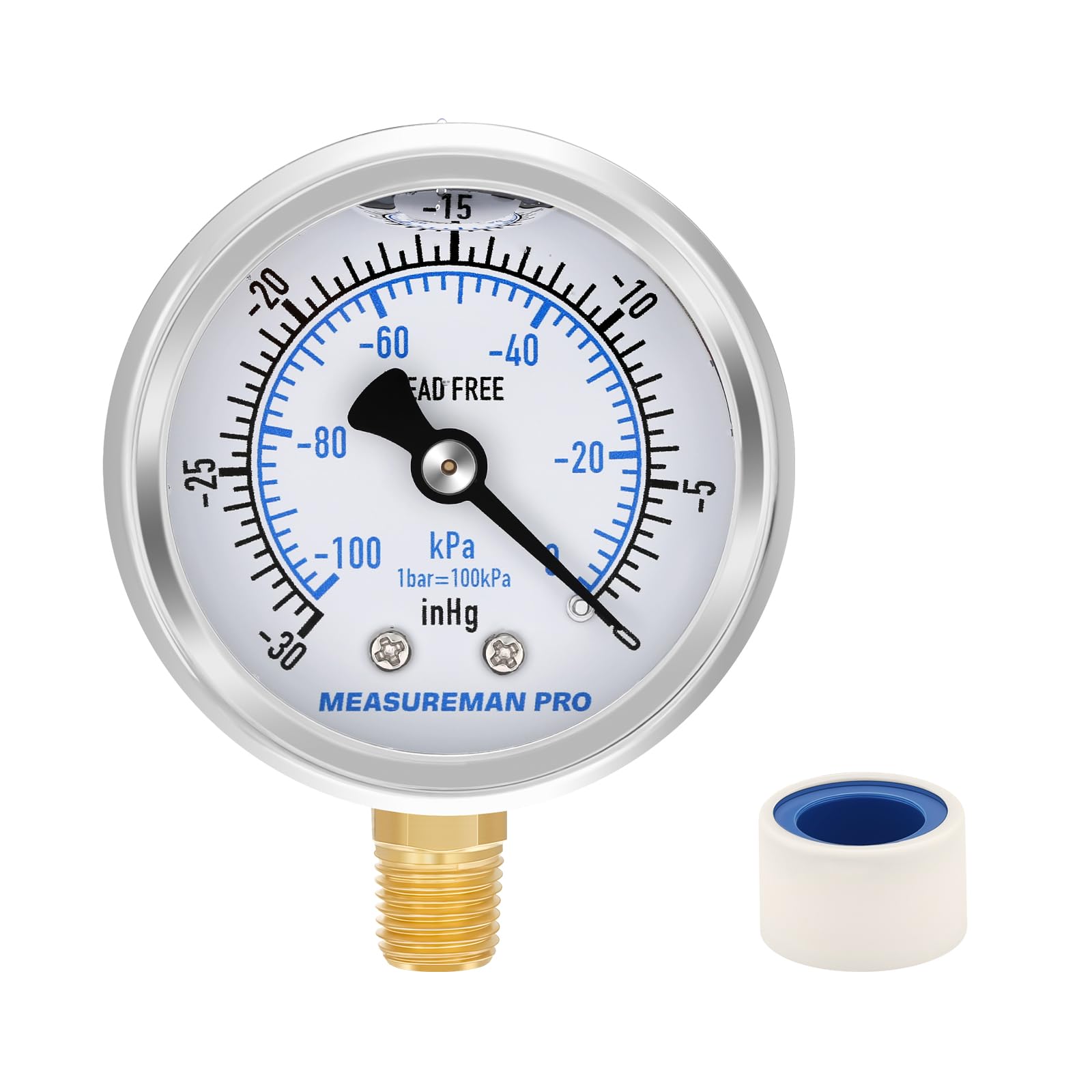MEASUREMAN PRO 2" Dial Size, Glycerin Filled Pressure Gauge, 30inHg-0 Vacuum Pressure Gauge,304 Stainless Steel Case, 1/4" NPT Lower Mount, Lead-Free