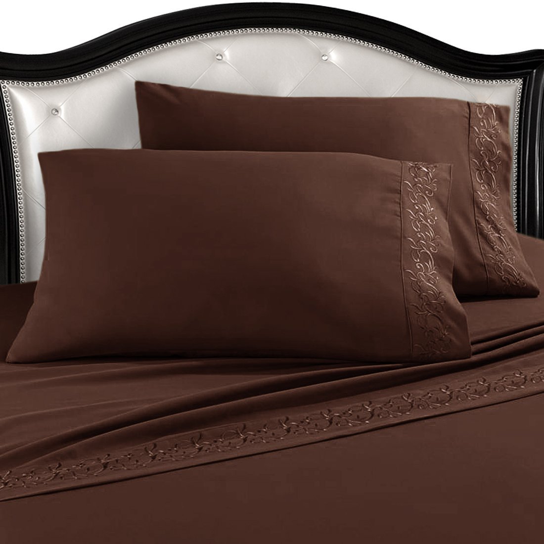 Luxurious Soft 100% Egyptian Embroidered Ivy Comfort Sheet 4pc Set Full Brown 1800 Series with Deep Pocket Sheet for Mattresses