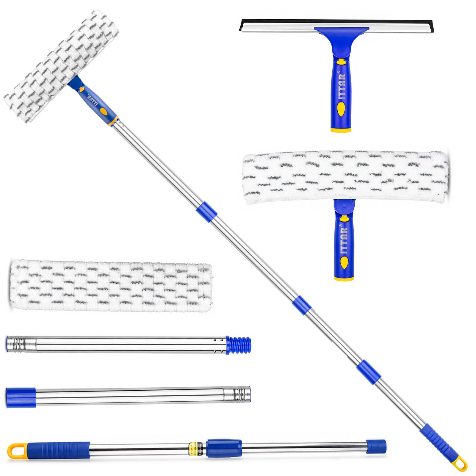ITTAR Window Cleaner Squeegee,Rotatable Squeegee and Microfiber Scrubber with Extendable 3 Section Stainless Steel Pole,Window Cleaning Tool with 2 Microfiber Pads for Shower Glass Door,Car Windshield
