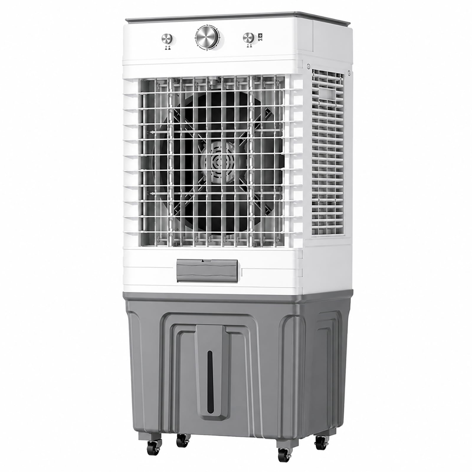 Portable Evaporative Air Cooler, 3-Speed Oscillating Swamp Cooler with 2 Ice Packs, Mobile Cooling Fan for Indoor Rooms, Garage, Workshop & Commercial Use M