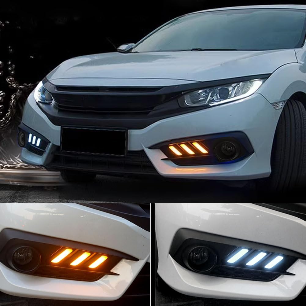 Daytime Running Light Assembly for Honda Civic 2016 2017 2018, 2 Color DRL Driving Fog Lamp Waterproof Bright Amber Turn Signal Light Assembly Kit,1 Pair