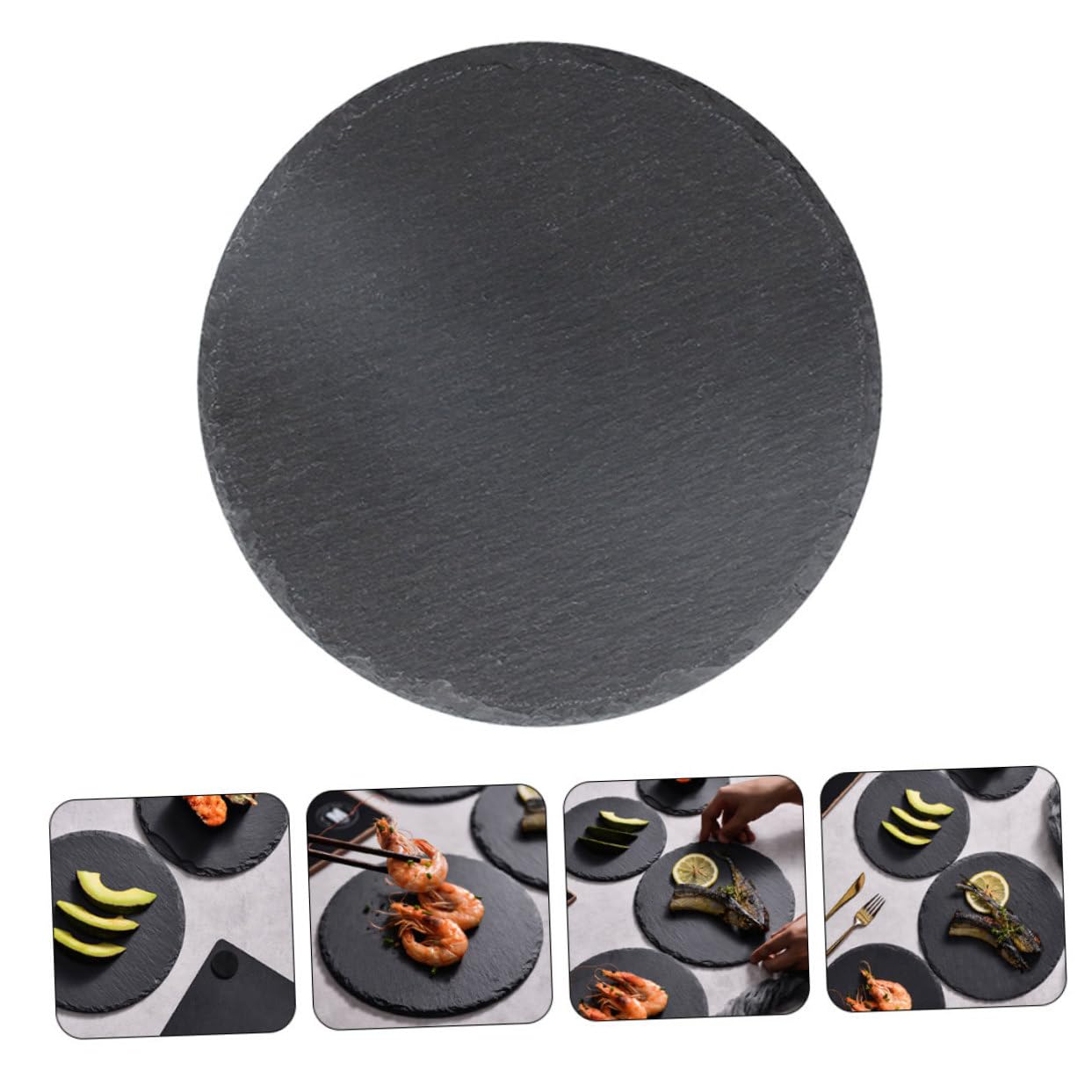 SOLUSTRE Plato de Piedra Redondo de Pizarra Negra para Servir Comida | Postres y Guarniciones, Uso en Casa o Restaurante, Estilo Rústico y Creativo