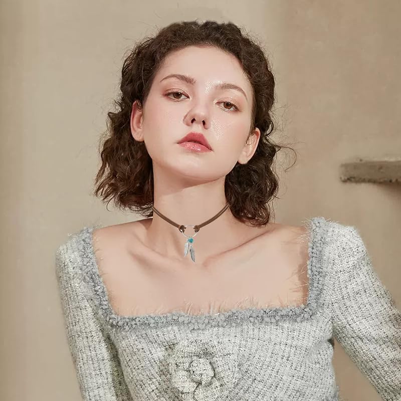 Bohemian Turquoise Leather Choker Necklace for Women Vintage Handmade Feather Layered Black Brown Suede Western Cowlady Necklace Western Country Party Jewelry Gifts - Image 3