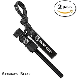 Swiss Safe 5-in-1 Magnesium Ferro Rod Fire Starter Survival Tool - Flint & Steel Striker, Compass, Paracord & Whistle - Emergency Kit for Backpacking, Camping, Hiking - All-Weather - Black, 2-Pack
