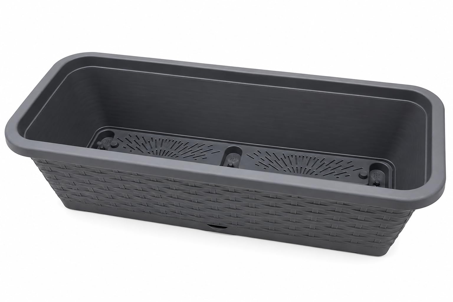 Tamersgifts Rattan Style Plastic Window Box Planter 54cm Anthracite – Indoor & Outdoor Garden Flower Pot with Built-In Drainage Saucer – 12L Balcony Planter