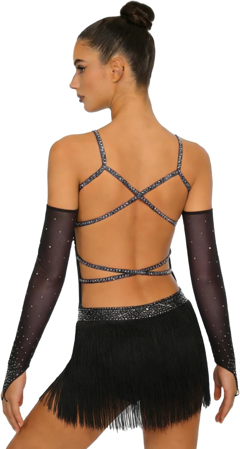 XUNZOO Women Sequin Tassel Fringe Latin Jazz Dance Leotard Bodysuit Costume with Mesh Sleeves Set Rave Outfits