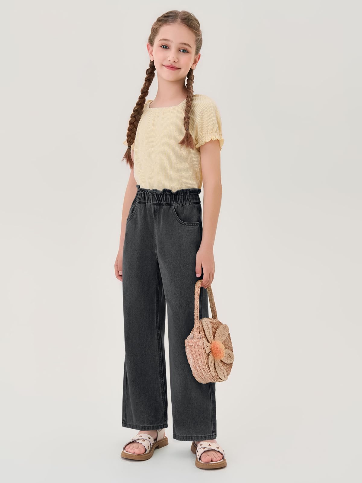 Haloumoning Lindos jeans acampanados de pierna ancha para niñas, pantalones de gran tamaño con cintura elástica y bolsillos de 5 a 14 años