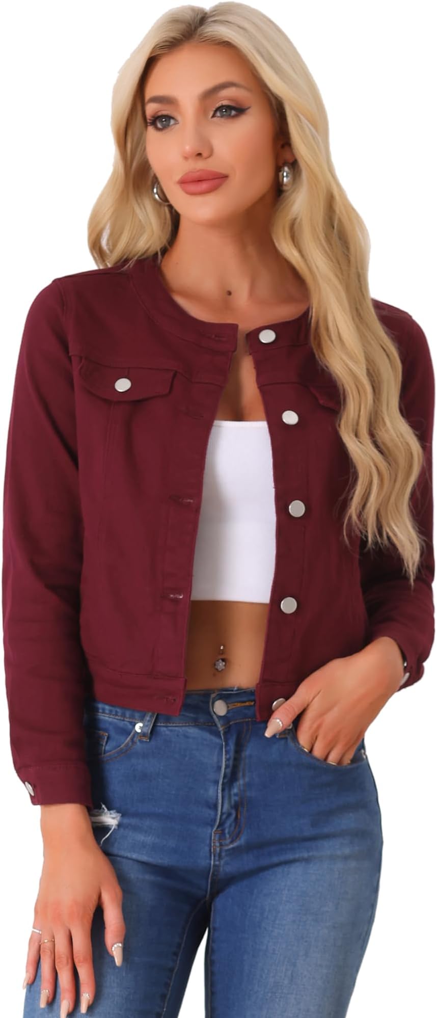 Women's Denim Jacket Collarless Round Neck Button Down Long Sleeve Jean Jackets
