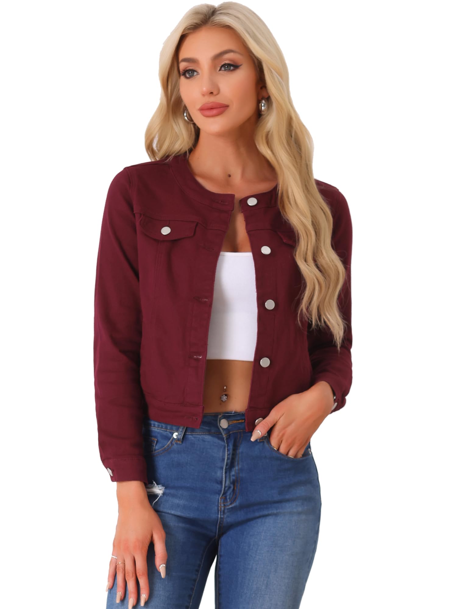 Allegra K Women's Denim Jacket Collarless Round Neck Button Down Long Sleeve Jean Jackets