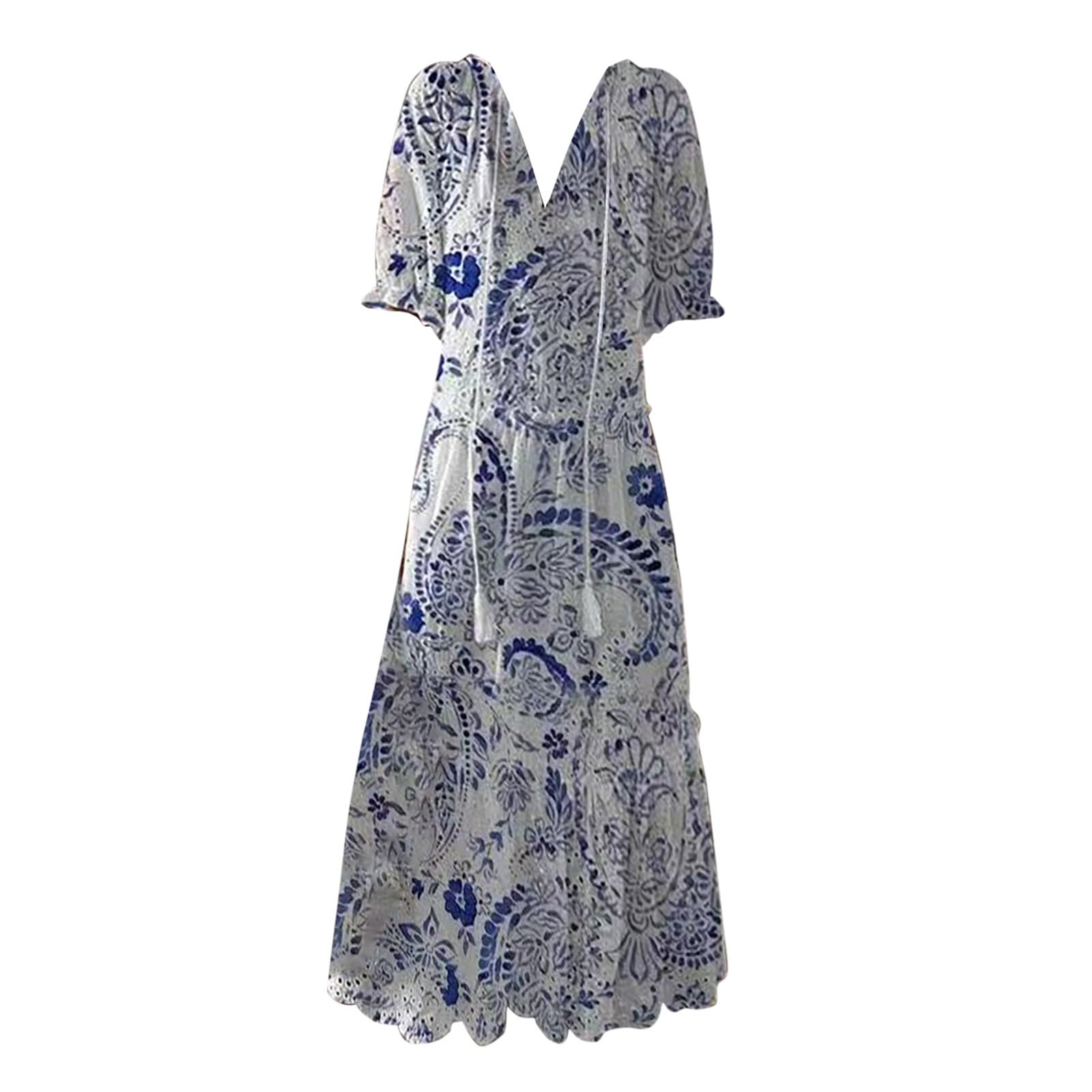 AMDOLE Frame Dress Leisure Sweet V Neck Printed Hanging Beard Short Sleeve Mid Length Dress for Women Plus Size Shirt Dress