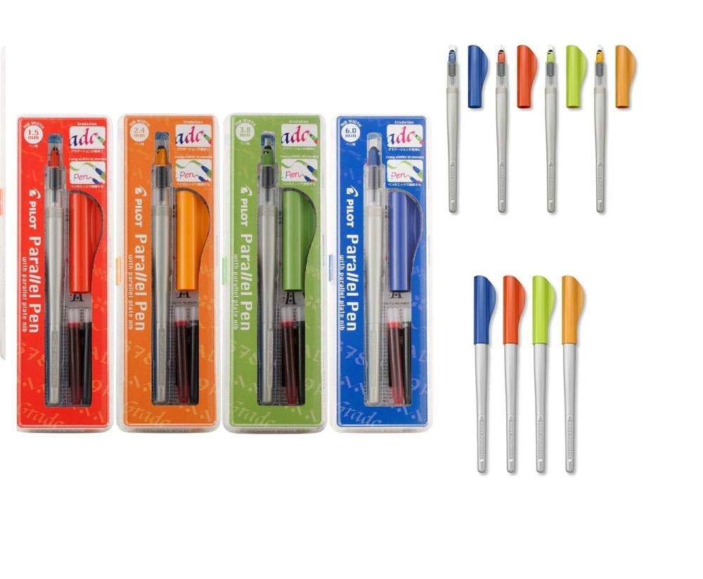 Pilot Parallel Pen 4er-Set Stifte: 1,5 mm + 2,4 mm + 3,8 mm + 6,0 mm + 12 Tintenpatronen, + 6 schwarze Patronen + 1 Lineal/Lesezeichen aus Holz