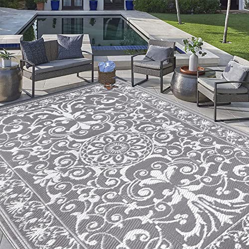 Vaukki Reversible Rugs, Plastic Straw Outdoor Doormat, Fade Resistant Plastic Outdoor Patio Mat, Lightweight Tribal Area Carpet For Patio, Rv, Camping, Beach, Deck, Backyard And Picnic (6'X9', Grey) #TOP5