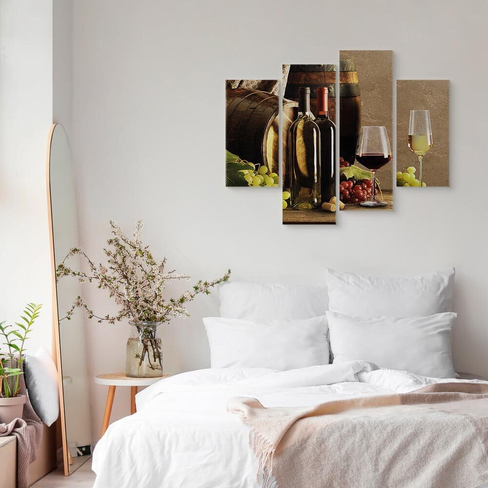 decomonkey Quadri Moderni Soggiorno Vino Uva Cucina, 4 pezzi, 126x98 cm | Tela strutturata su telaio in legno, decorazione da parete, ristorante, azienda, vinicola, botte, bottiglia, bianco, marrone