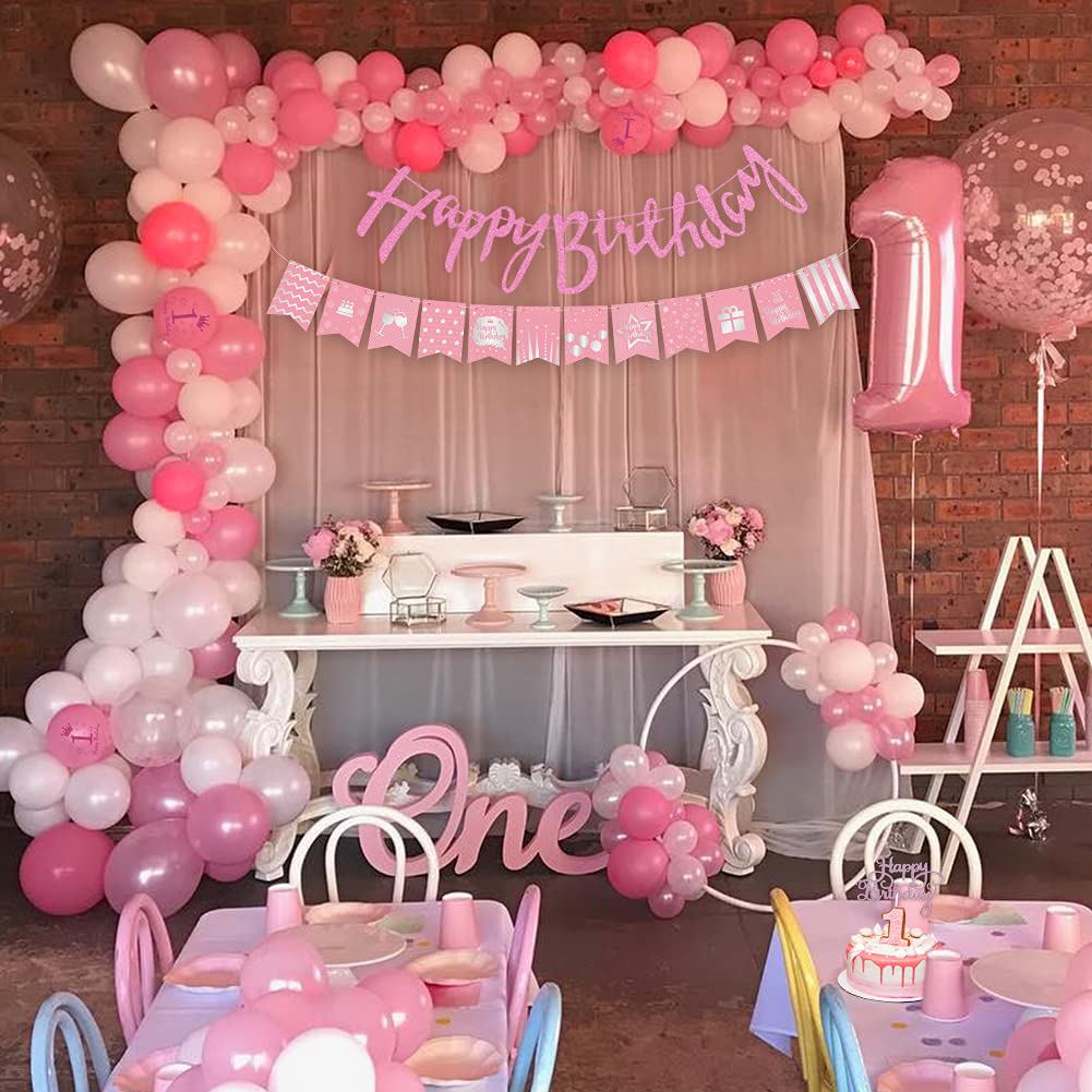 APERIL 1st Birthday Decorations, Pink Birthday Balloons Happy Birthday Banner with Large Number