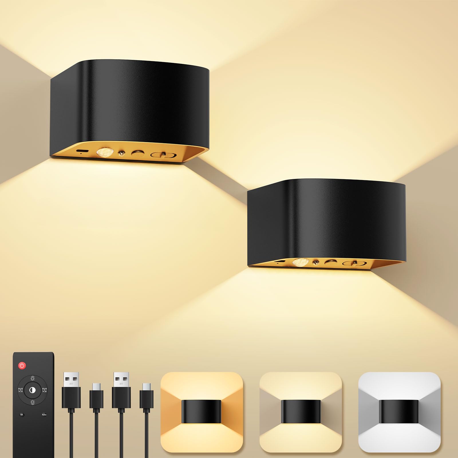 KagoLing LED Wandleuchte Innen mit Bewegungssensor, 2 Stück 4000mAh Akku Kabellose Wandlampe mit Fernbedienung, 3 Farben/Modi Ohne Bohren Wanddeko Wandleuchte für Schlafzimmer Wohnzimmer Treppe Flur