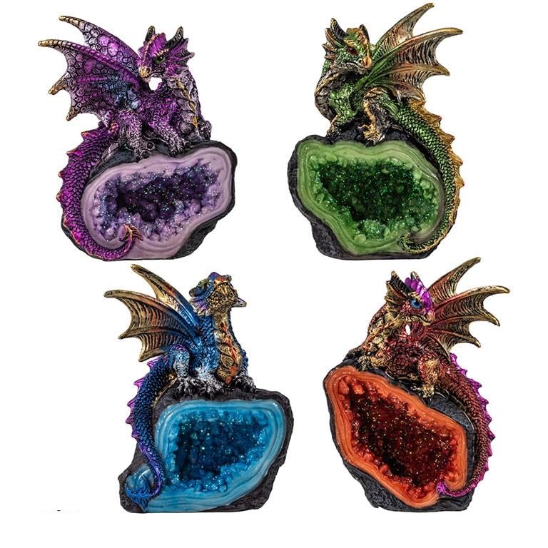 Dragons sur géode DRW en résine peinte à la main pour une décoration fantastique et soignée