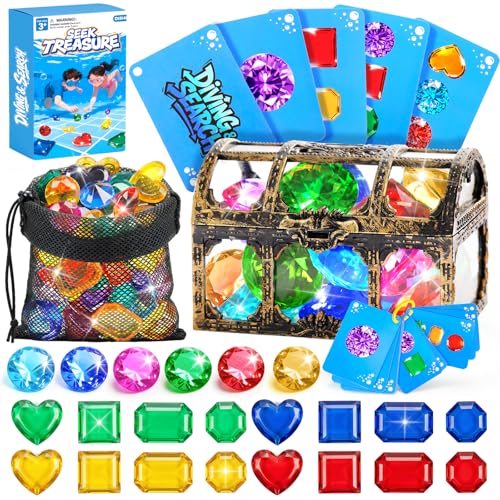 Diving Toys for Kids, Seek Treasure Underwater Pool Gem Hunt Pool Game with 60PCS Sinking Gems, Pirate Treasure Chest, 35PCS Waterproof Cards, Summer Swimming Pool Toys for Toddlers Kids Age 3-10