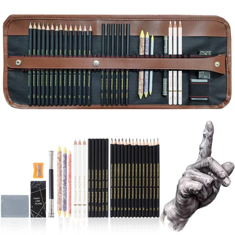 Kit de 31 lápis de desenho, estojos portáteis para artistas, estojo de viagem com grafite, carvão, lápis de cor branco, toco de mistura, presente para adultos iniciantes para desenhar esboços