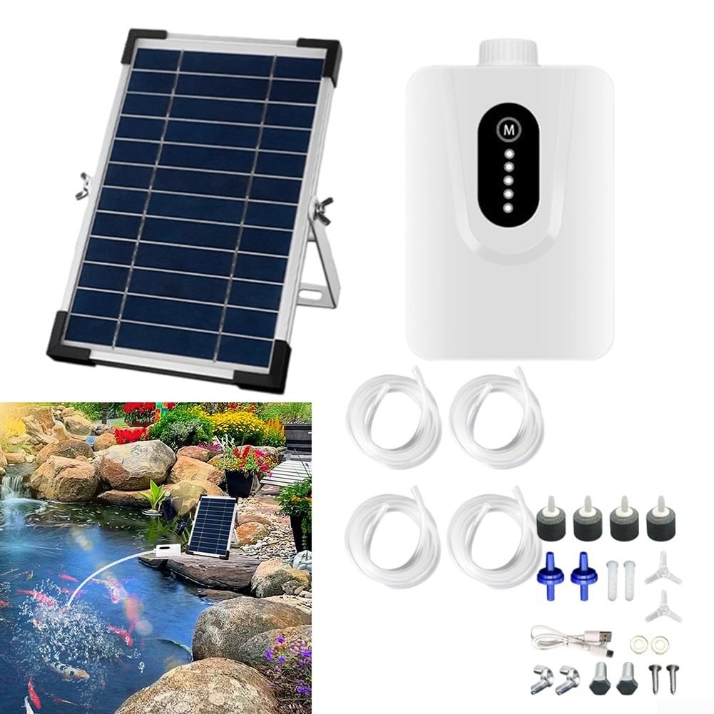 6 W 6 V Ossigenatore solare acquario pompa ad aria con batteria 6000 mAh, doppia ricarica solare e USB, funzionamento silenzioso per laghetti di pesci e acquario aerazione fino a