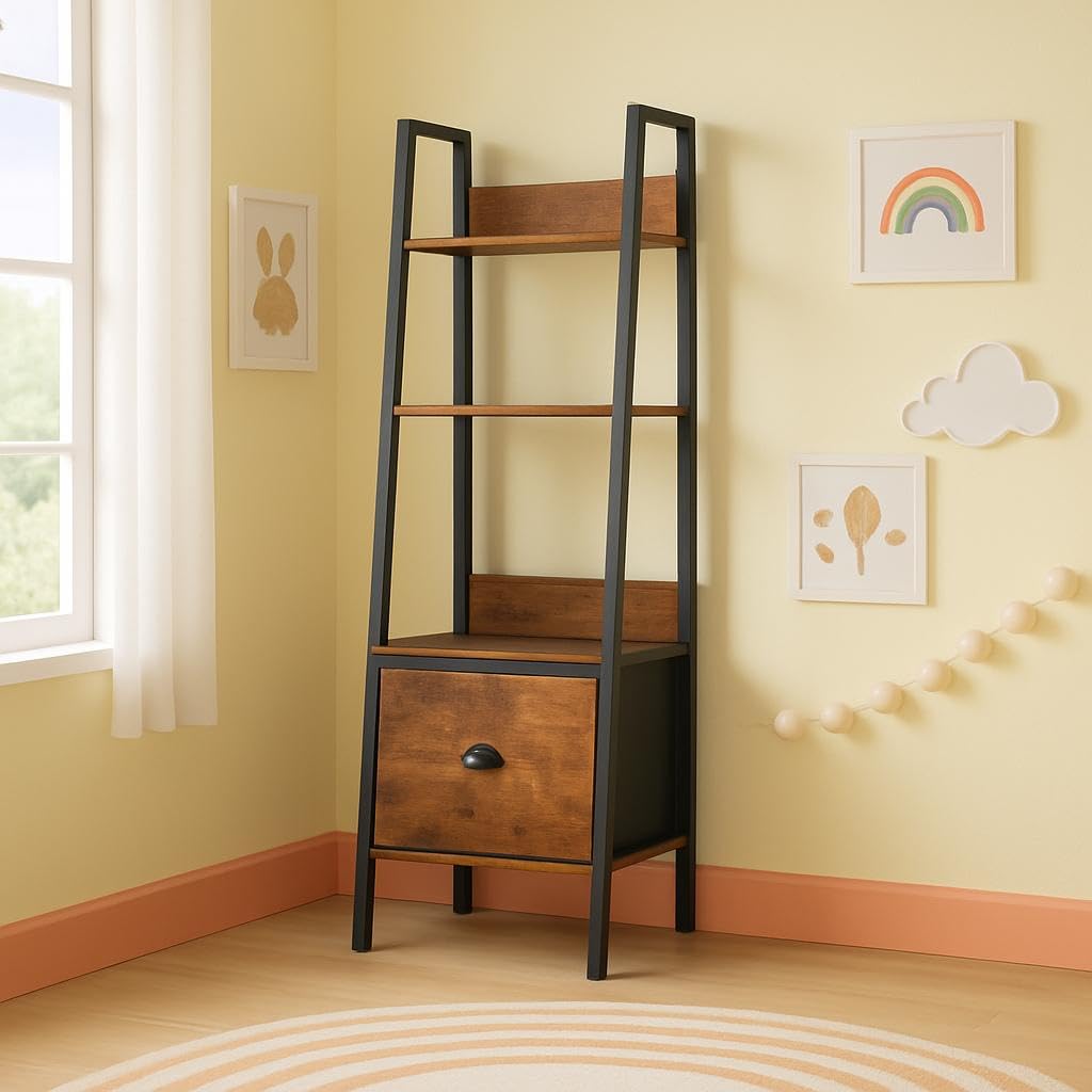 FurnitureR Étagères pour Chambres d'enfants, Étagère à 4 Niveaux avec Tiroirs en Non-Tissé pour Livres et Jouets, Présentoir et Organisateur de Livres, pour Chambre Coin Lecture, 42 x 29 x 110 cm