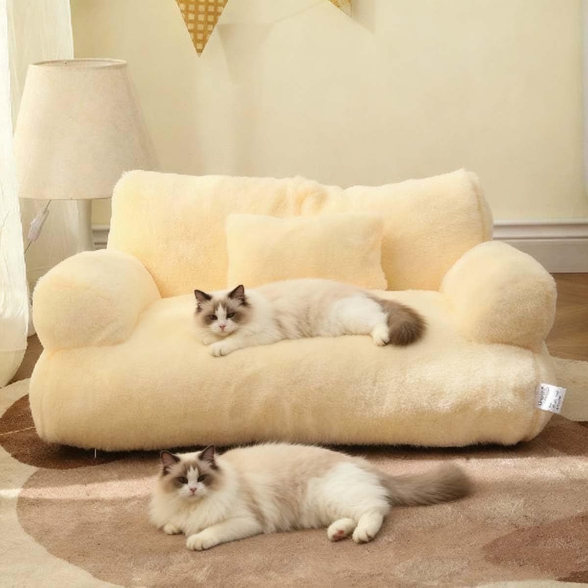 Mozzeilee Cat Bed Small Dog Sofa Fluffy Velvet Cat Beds, Indoor Kitten&Puppy Calming Cushion, Supportive Pet Sofa with Non-Slip Base, Removable Cover (64x45x30cm,Beige)