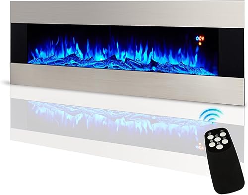 Chimenea eléctrica de montaje en pared de 60 pulgadas con control remoto, calentador flotante con colores de llama ajustables y calentador,