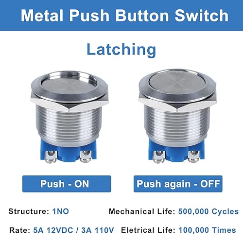 Miniatura 9 de Paquete de 2 interruptores de botón de metal con pestillo de 0.630 in, resistente al agua, IP66, antivandalismo, IK09 para orificios de montaje de