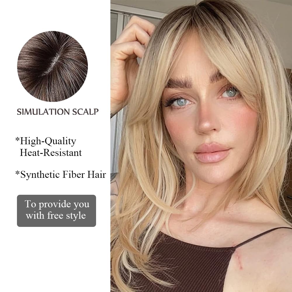 Perruques Blondes pour Femmes Perruque Longue Et Droite avec Franges Cheveux Synthétiques Dégradés avec Racines Foncées pour Un Usage Quotidien Et Festif