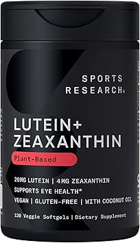 Sports Research Lutein and Zeaxanthin Capsules - Eye Health Support Supplement Made with Lute-Gen and Organic Coconut Oil - Vegan Friendly & Non-GMO Verified - 120 Veggie Softgels