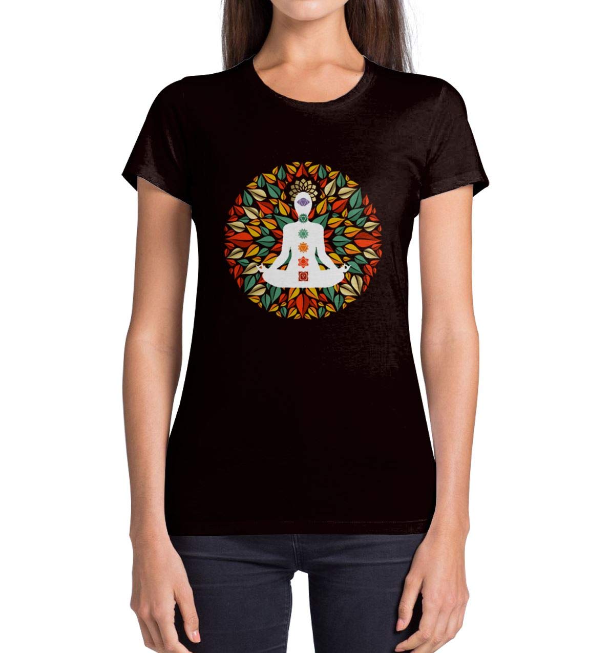 Tribal T-Shirts Chakra Petal Mandala Yoga Meditation Women's T-Shirt (Medium, Black)