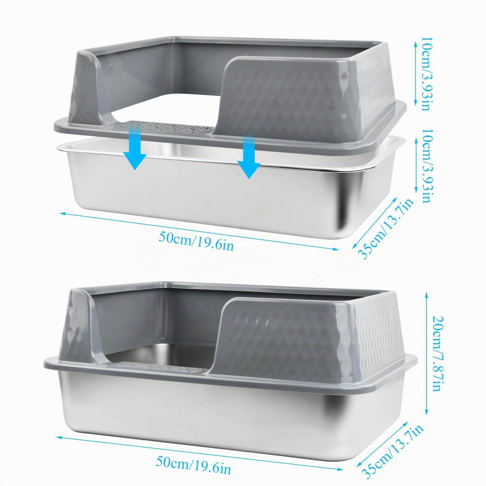Arenero Acero Inoxidable Gatos, 50 x 35 x 20CM Arenero Gato Grande con Valla Desmontable eficaz contra Salpicaduras, Caja de Arena Gatos Abierta con Pala y paño de Limpieza Fácil de Limpiar, Gris