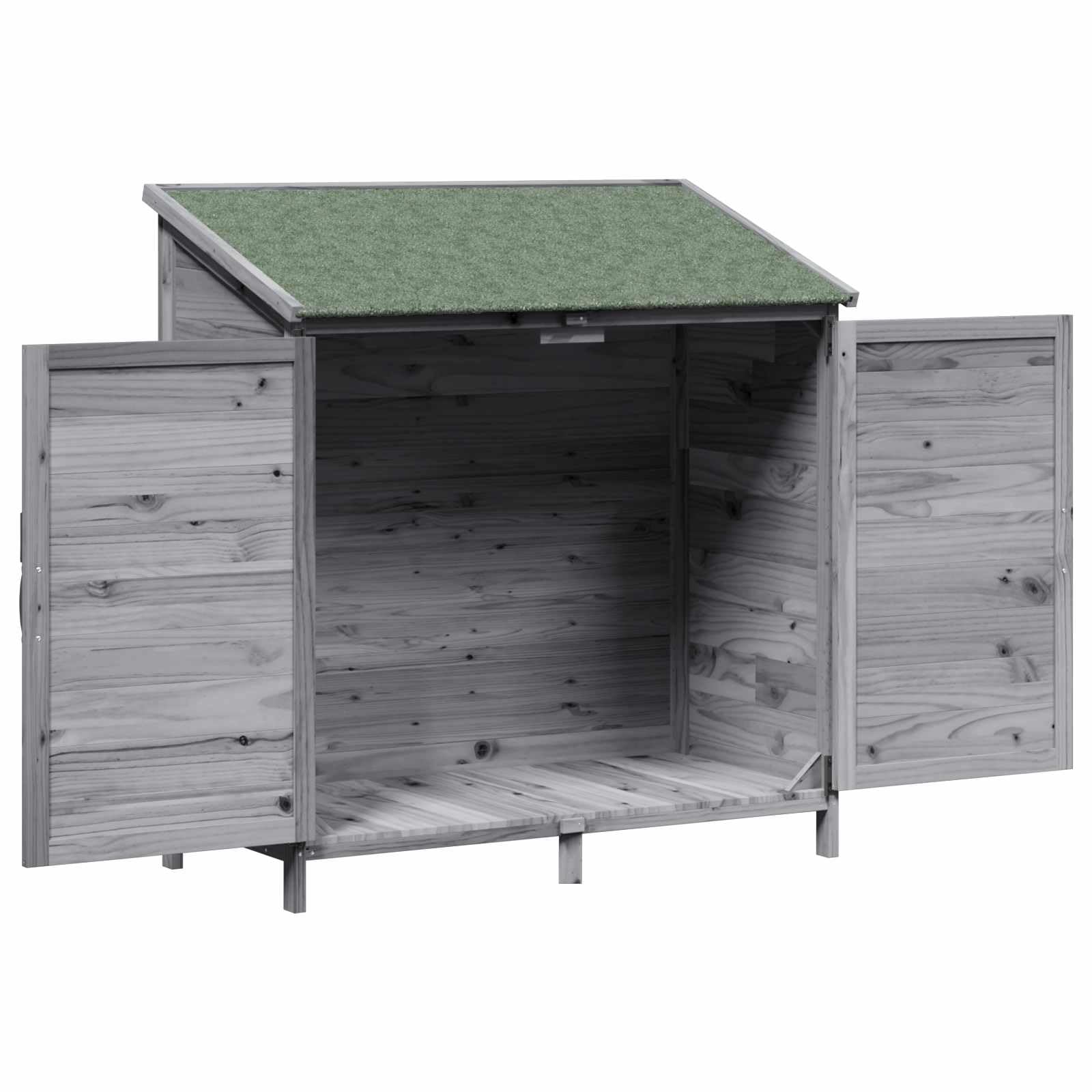 Domek ogrodowy, szary, materiał drewnopochodny, 106 x 56 x 113,5 cm, z drzwiami wentylacyjnymi i nachylonym dachem asfaltowym, schowkiem na narzędzia ogrodowe, narzędzia, rower, odporne na