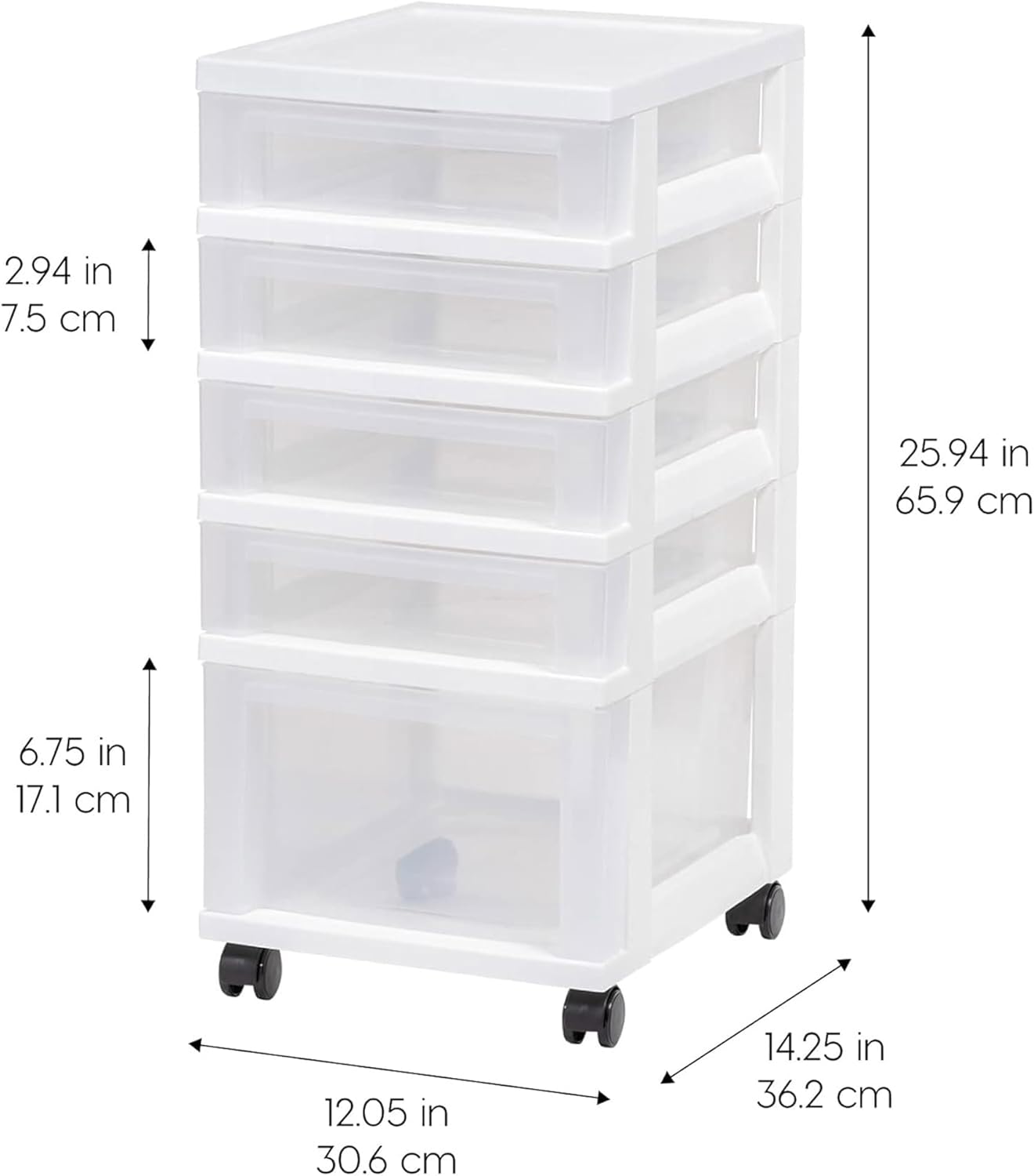 IRIS USA Plastic Drawer Storage Organizer Rolling Cart, 2-Pack, with Wheels Casters, 3-Drawers, for Classroom Art Craft Supplies Dresser Closet Bathroom Laundry Room, White/Clear