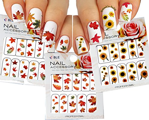 Autumn Leaves Nail Art Water Slide Tattoo Sticker:::Crimson Leaves and Flowers: Maple/Rowan/Hawthorn/Sunflower- 3 Pack