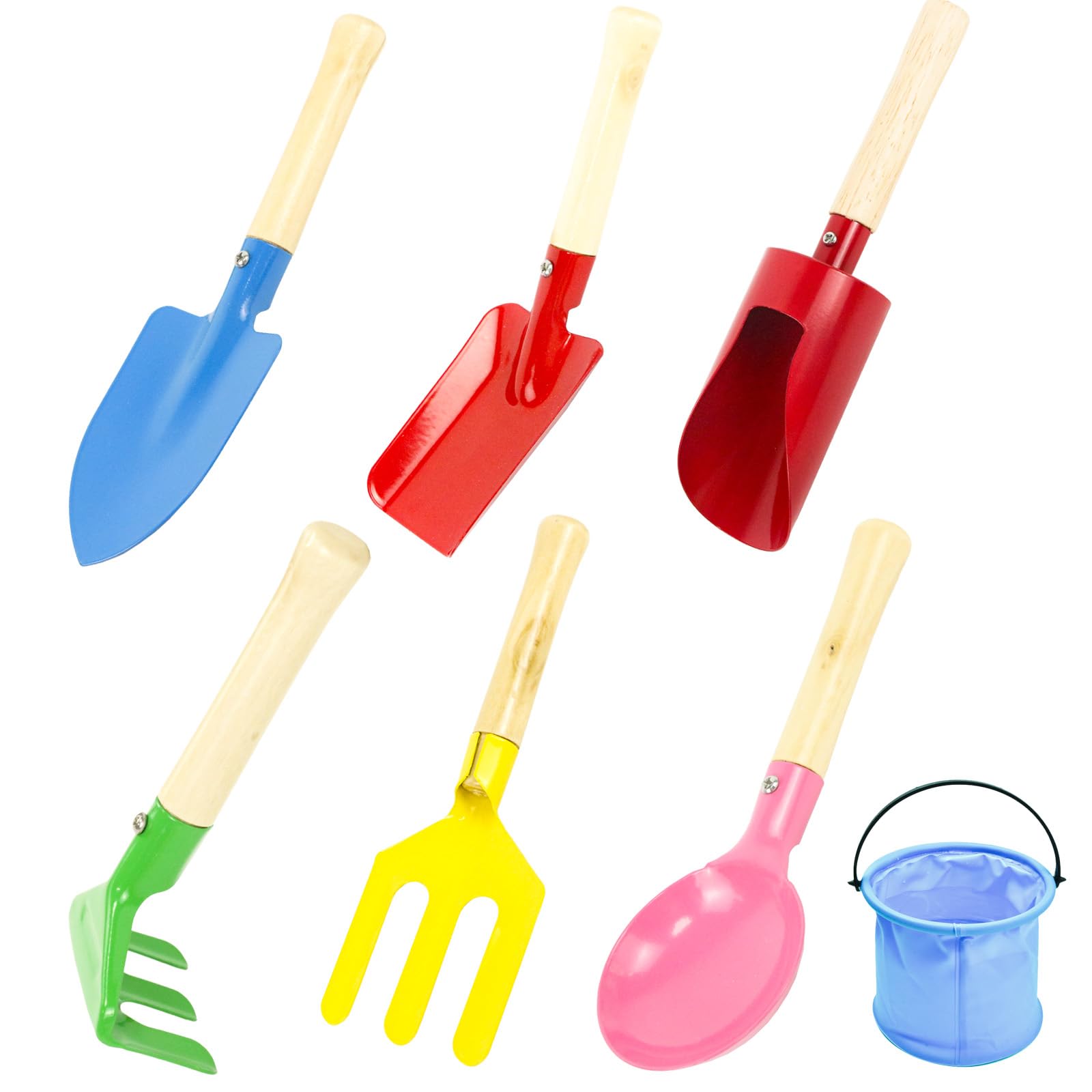 7PCS Gardening Tools Set, Beach Tool Set with Metal Cylinder Spoon Rake Shovel Spade Fork with Wooden Handle for Garden Soil Transplanting Summer Beach Sandbox Digging