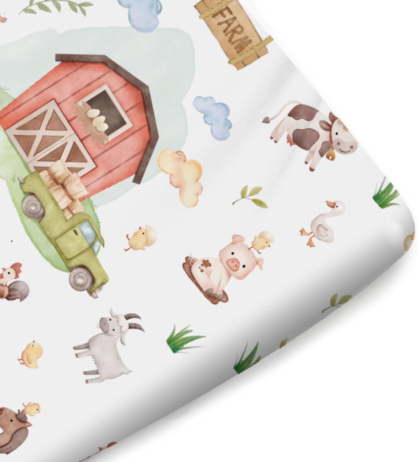 Watercolor Farm Life Fitted Crib Sheets for Boy Girl 52"x28" Farm Animals Pig Goat Horse Cow Chick Rooster Duck Leaves Barn Truck Soft Fitted Nursery Bed Sheets for Standard Crib Toddler Mattress