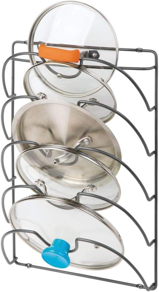 mDesign Metal Wire Pot and Pan Lid Rack Organizer for Kitchen Cabinet Doors or Wall Mount - Upright Storage Holder with 5 Slots - Graphite Gray