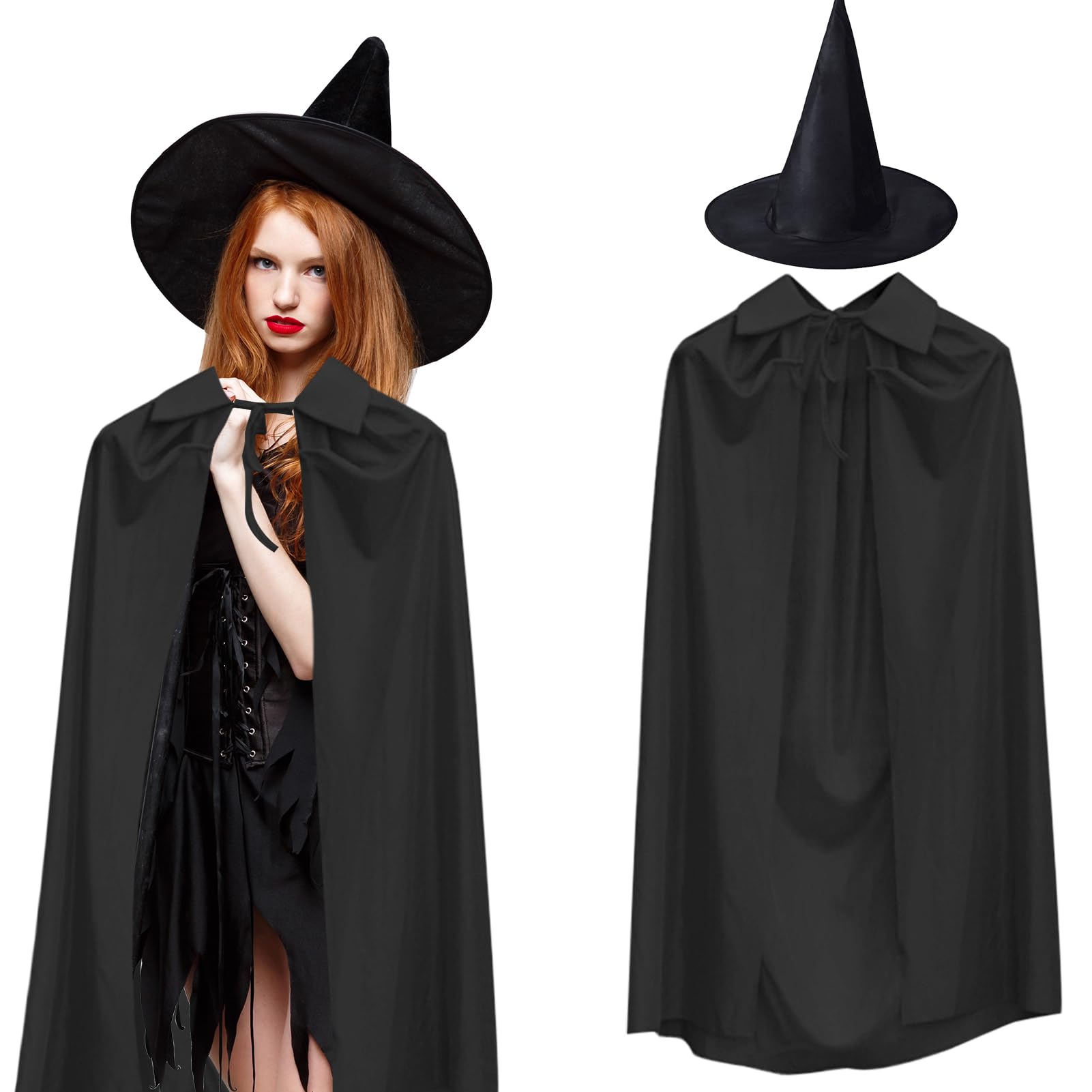 Zngou 2Pcs Halloween Witches Hat & Hooded Cape, Black, 140cm/55inch, Perfect for Adults, Halloween, Cosplay, Party
