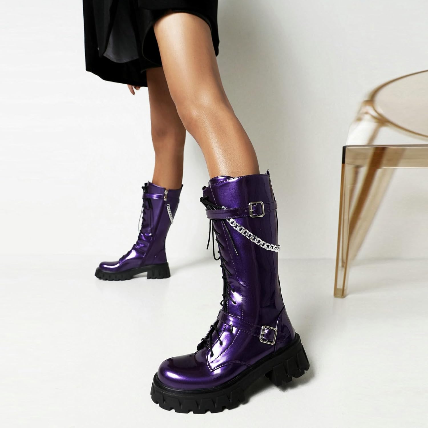 Parisuit Womens Lug Sole Platform Combat Boots Chunky Heel Knee High Goth Boots Lace Up Mid Calf Boots with Buckle and Chain